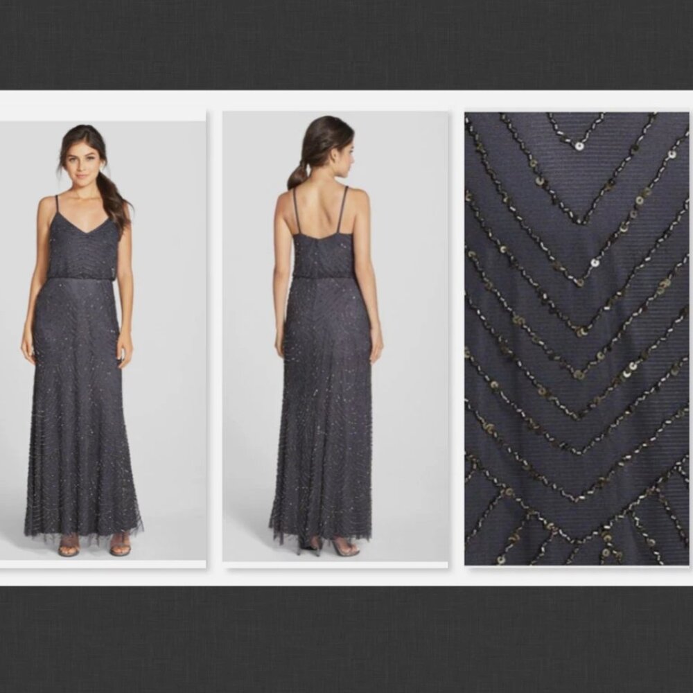 NEW $260 Adrianna Papell Art Deco Beaded Blouson Gown in Gunmetal/Gold Size 10